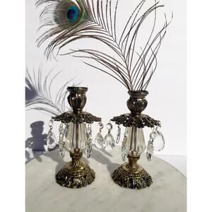 VTG Brass & Crystal Hollywood Regency Style Footed Candlestick Holders Prism